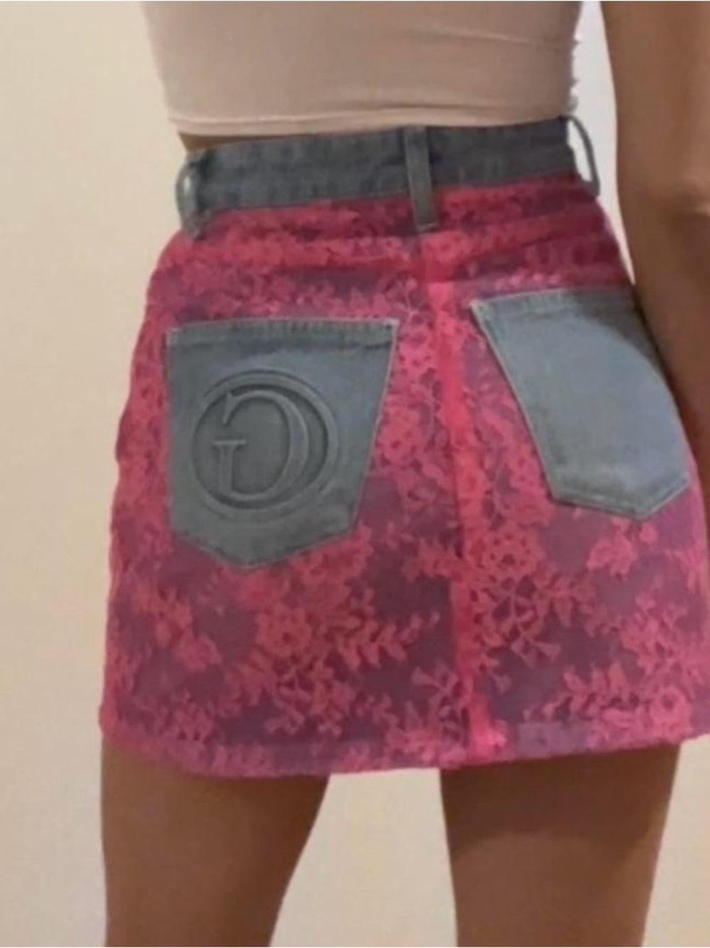 Guess Pink Lace Mini Skirt with Denim Pockets